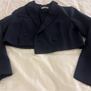 Navy Blue Double-Breasted Cropped Jacket